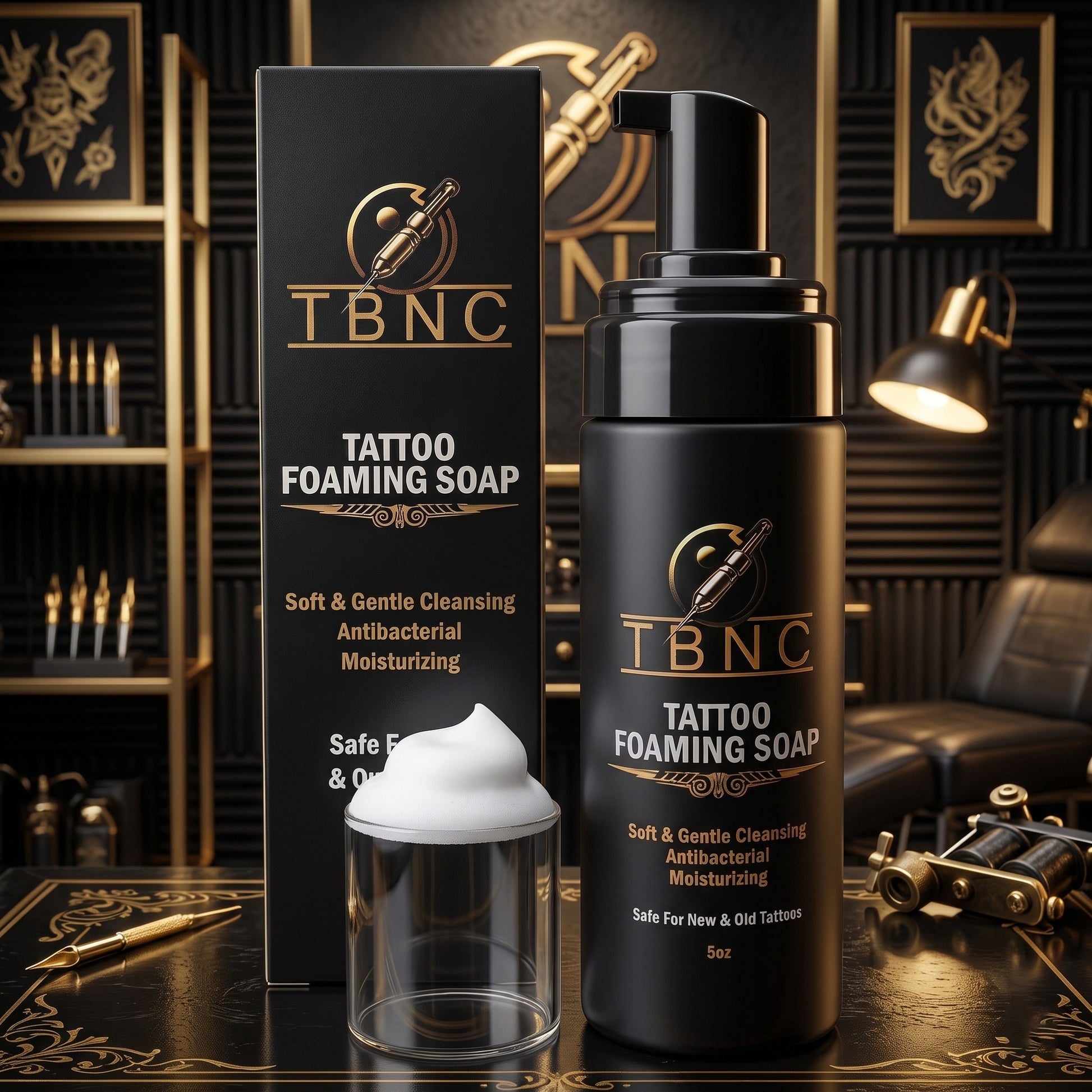 TBNC Tattoo Foaming Soap and its box are elegantly displayed on a sleek black and gold table, highlighting the premium design. The bottle dispenses a rich white foam, while tattoo-inspired decor and framed artwork in the background evoke a professional studio setting often seen with top-selling tattoo numbing and aftercare brands.