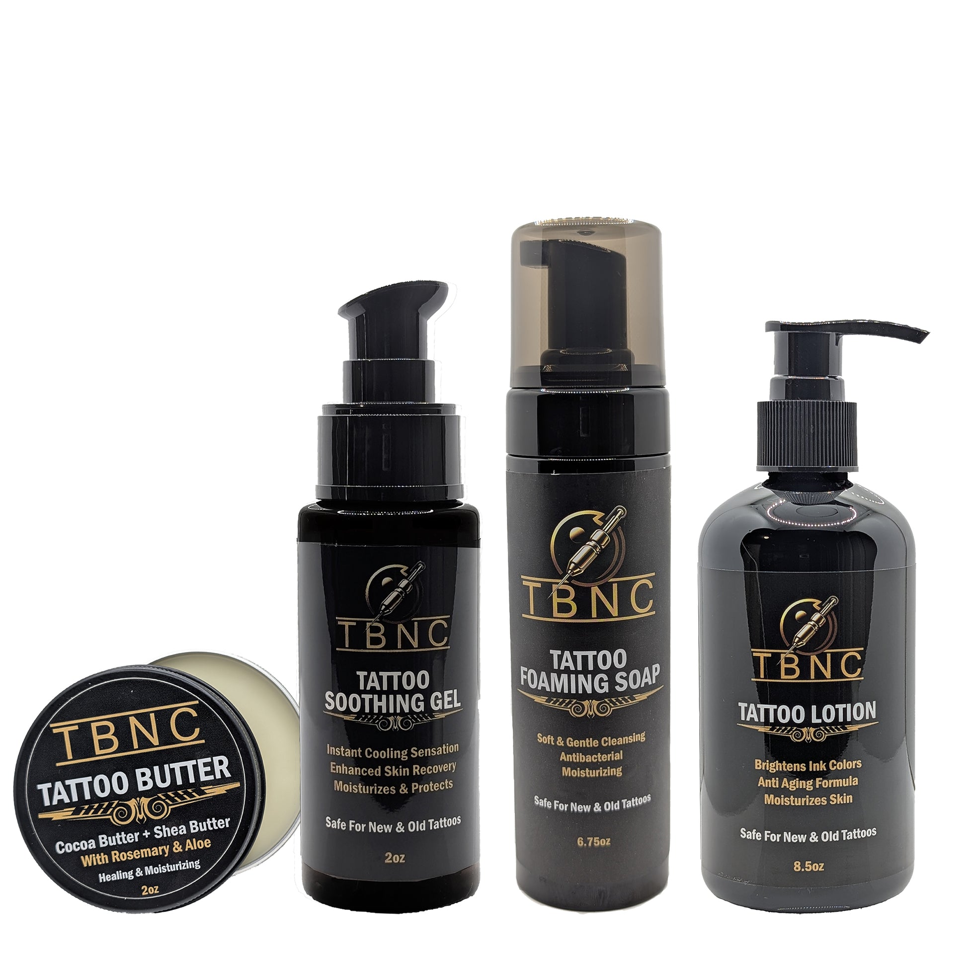 Four black TBNC - The Best Numbing Cream Tattoo Aftercare Bundle containers—Tattoo Butter, Soothing Gel, Foaming Soap, and Lotion—feature gold-accented labels for complete tattoo healing and aftercare.