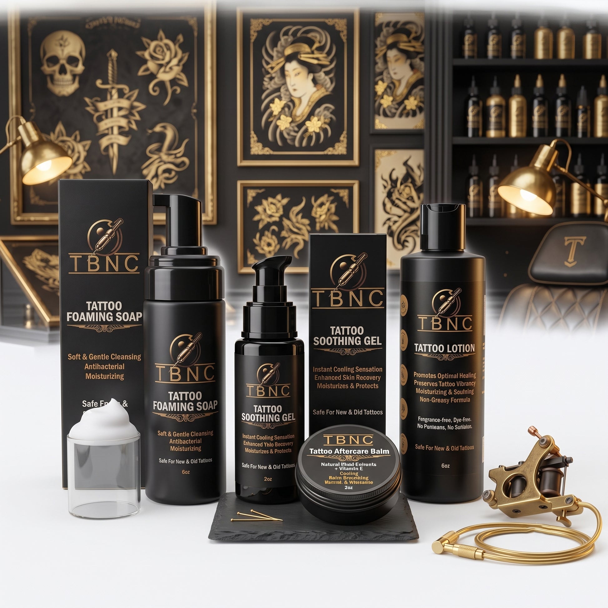 The top-rated TBNC Tattoo Aftercare Bundle, including premium soap, foaming soap, soothing gel, lotion, and balm, is displayed on a pristine white surface with a professional tattoo machine and striking black and gold wall art—offering the ultimate all-in-one aftercare solution trusted by leading artists for optimal tattoo healing.