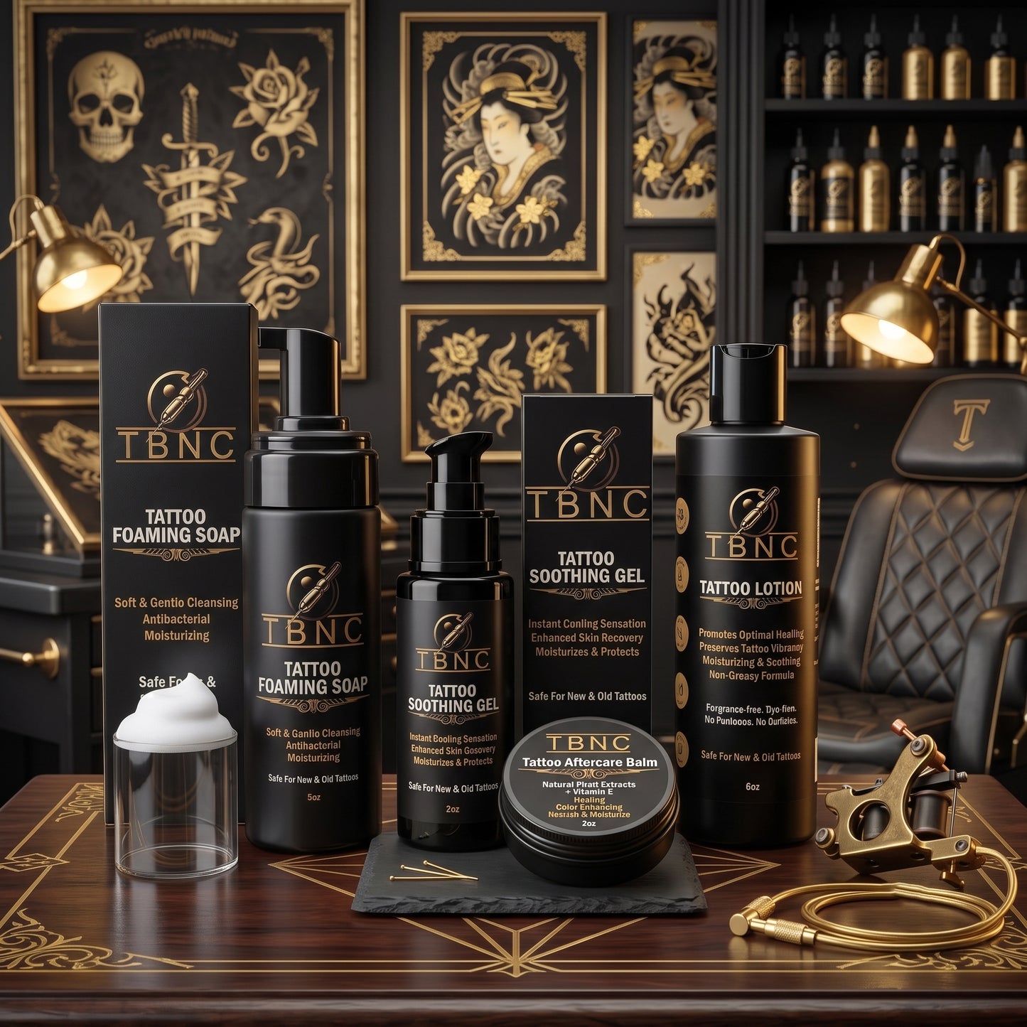 A premium Tattoo Aftercare Bundle, similar to those offered by top-selling tattoo aftercare brands, is expertly arranged on a wooden desk. The set includes professional-grade essentials—soap, gel, lotion, and balm—showcased alongside tattoo equipment with striking gold-accented art and books in the background. The inviting and stylish display highlights the high quality and trusted reputation of these aftercare products.