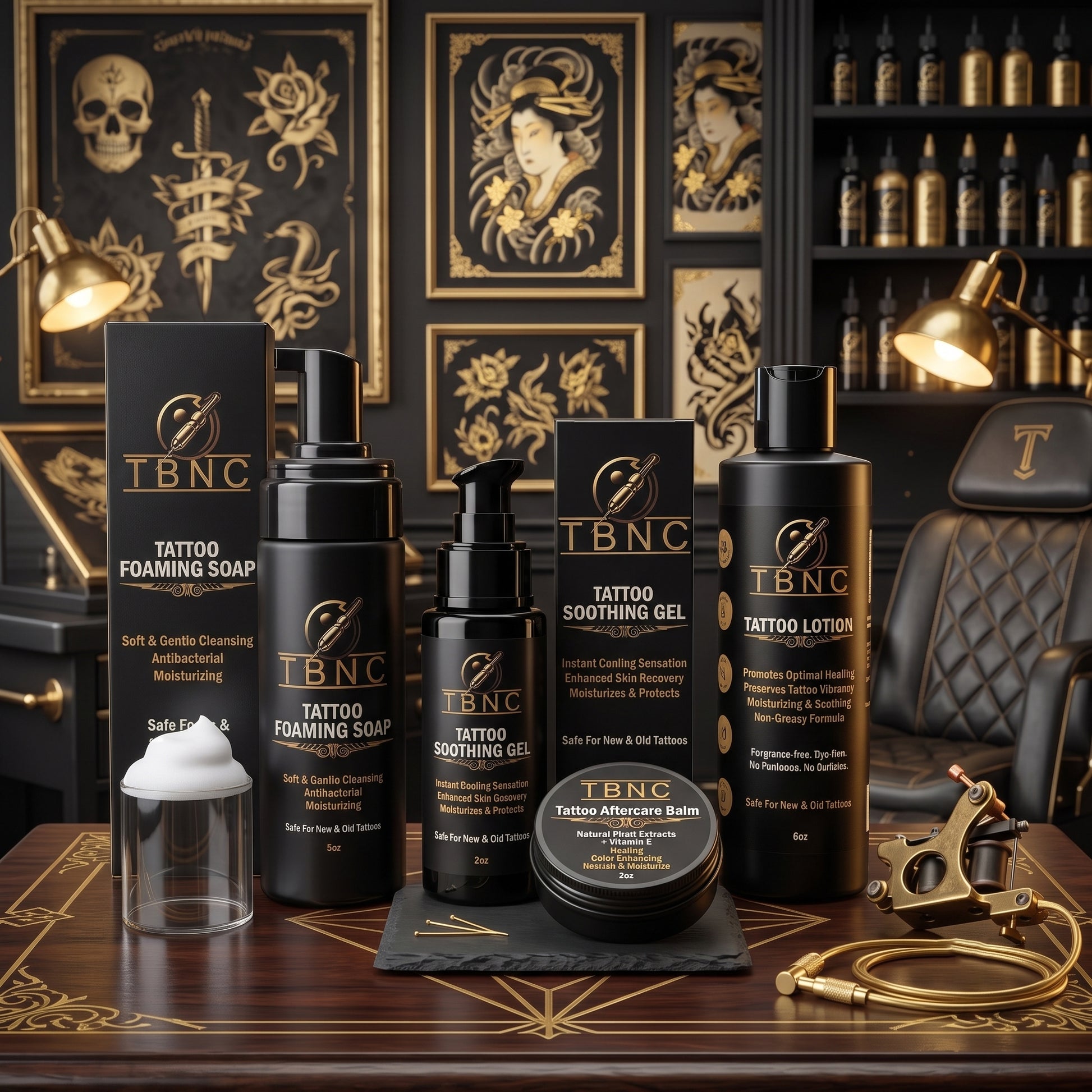 A premium Tattoo Aftercare Bundle, similar to those offered by top-selling tattoo aftercare brands, is expertly arranged on a wooden desk. The set includes professional-grade essentials—soap, gel, lotion, and balm—showcased alongside tattoo equipment with striking gold-accented art and books in the background. The inviting and stylish display highlights the high quality and trusted reputation of these aftercare products.