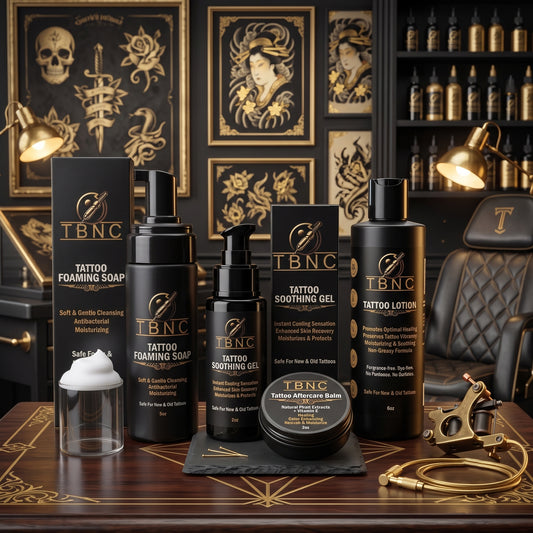 A premium Tattoo Aftercare Bundle, similar to those offered by top-selling tattoo aftercare brands, is expertly arranged on a wooden desk. The set includes professional-grade essentials—soap, gel, lotion, and balm—showcased alongside tattoo equipment with striking gold-accented art and books in the background. The inviting and stylish display highlights the high quality and trusted reputation of these aftercare products.