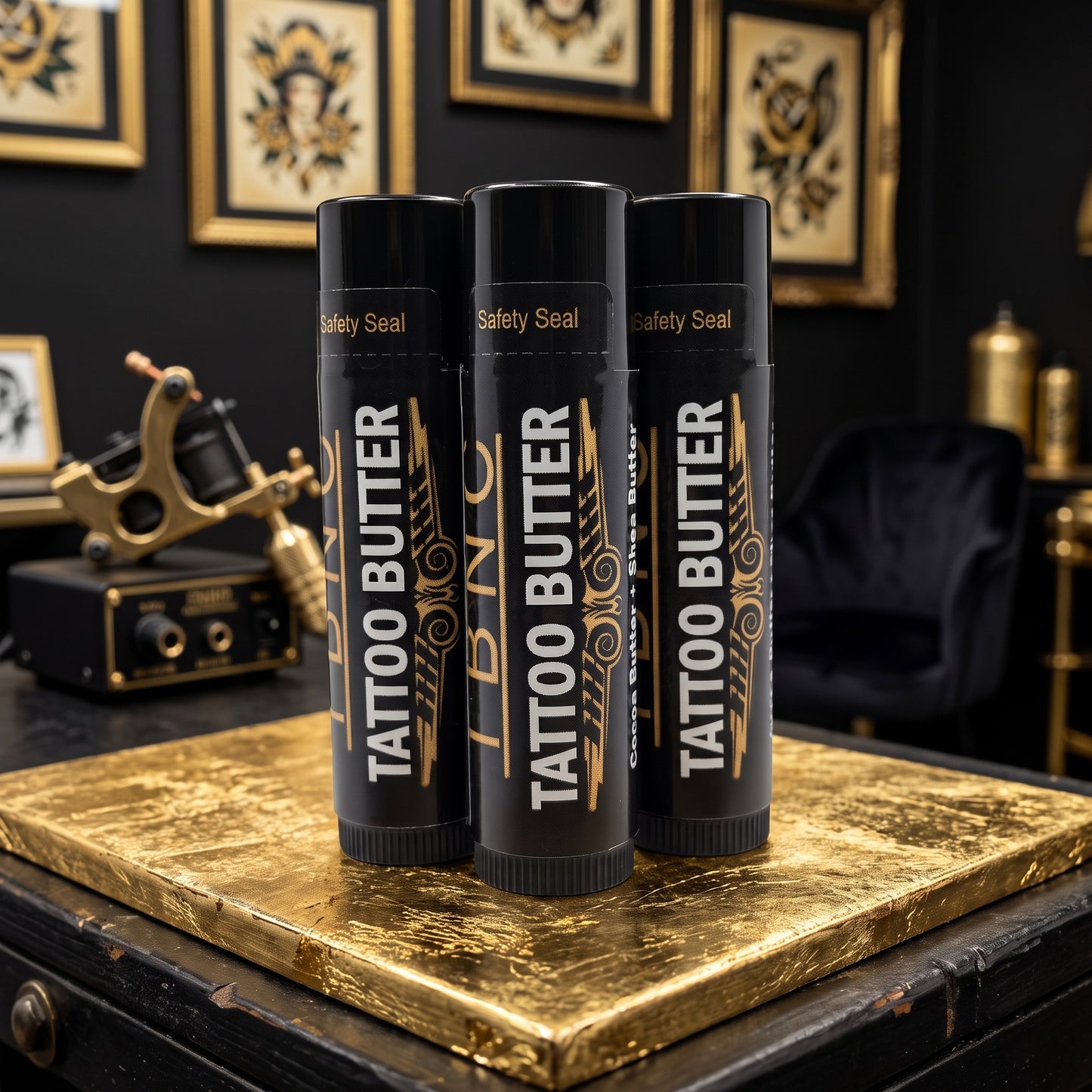 Three Tattoo Butter Travel Sticks (3pack) by The Best Numbing Cream on a gold table with tattoo art and machine—premium aftercare.