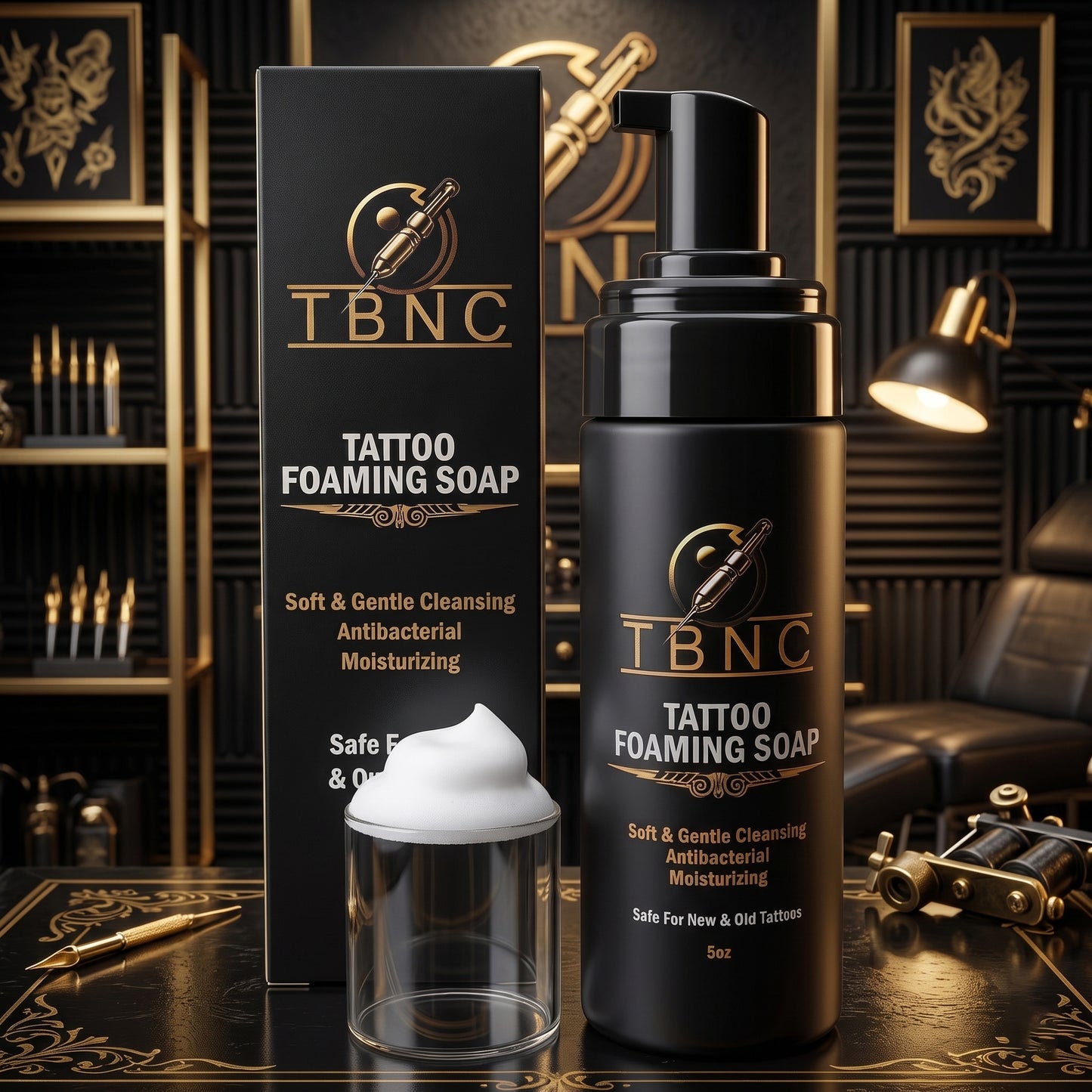 A premium black TBNC Foaming Soap with pump and foam beside it, showcased in a stylish gold room with tattoo gear and chair.