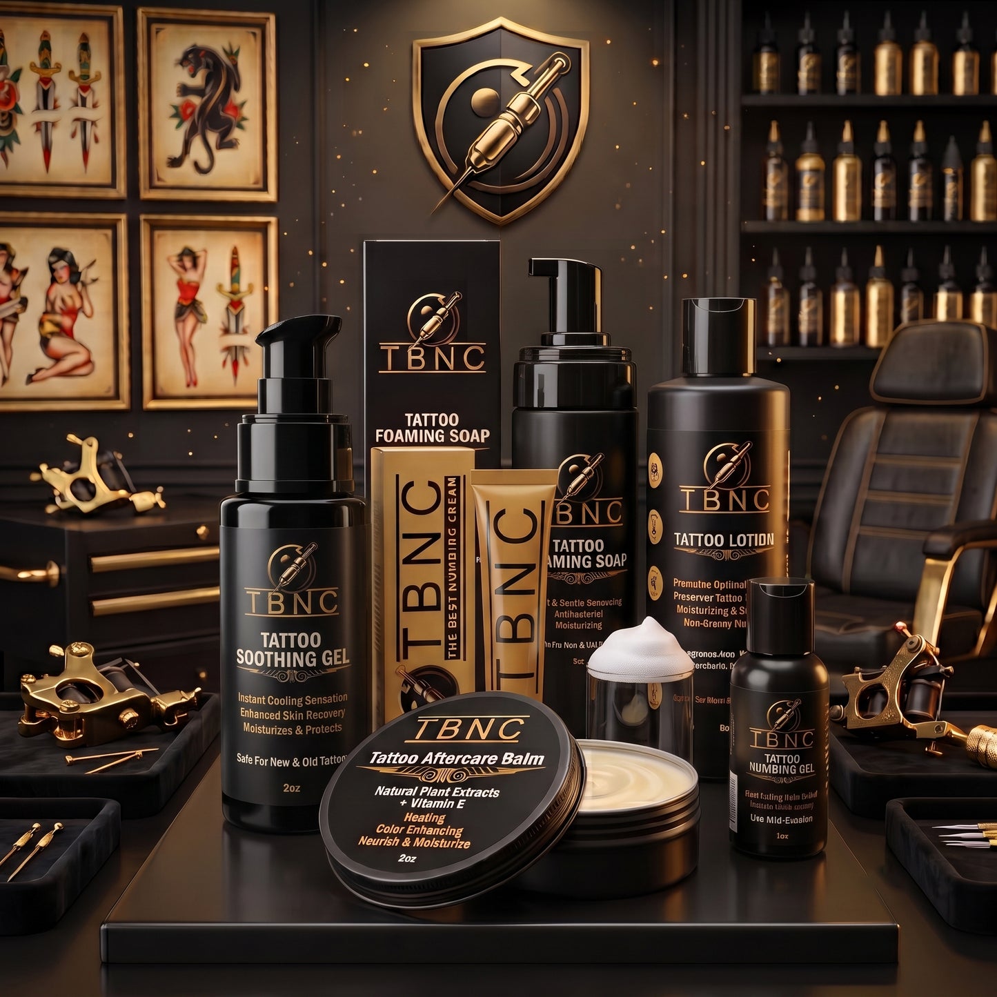 Best-selling Tattoo Numbing & Aftercare Bundle showcased in a premium black and gold tattoo-inspired display.