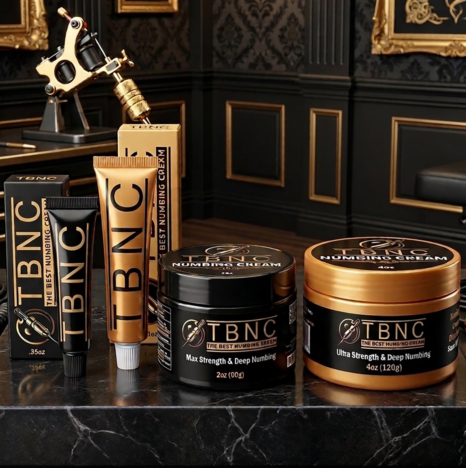 Our top-selling tattoo numbing cream sits on a marble counter, tattoo machine placed behind it.