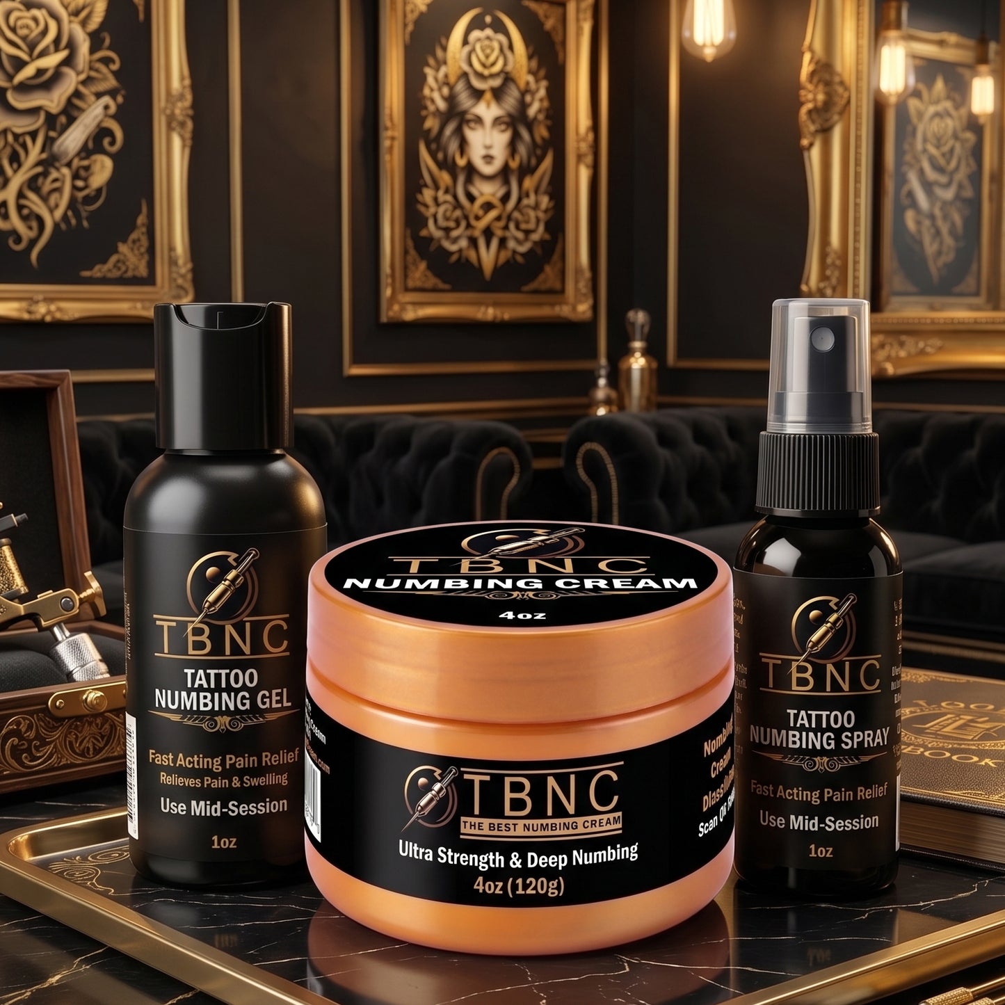 Like a top-selling tattoo care brand, gel, cream, and spray are displayed on a tray in an ornate black-and-gold setting.