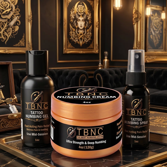 Like a top-selling tattoo care brand, gel, cream, and spray are displayed on a tray in an ornate black-and-gold setting.