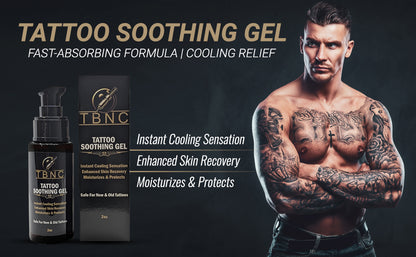 TBNC - The Best Numbing Cream’s Tattoo Soothing Gel and its box are shown next to a muscular, tattooed man with folded arms. Text highlights instant cooling, faster healing, enhanced skin recovery, moisturization, and vibrant tattoos.