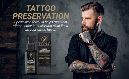A tattooed, bearded man stands thoughtfully beside a TBNC - The Best Numbing Cream Tattoo Soothing Gel bottle and box. The gel boosts tattoo vibrancy and helps preserve color for long-lasting clarity.