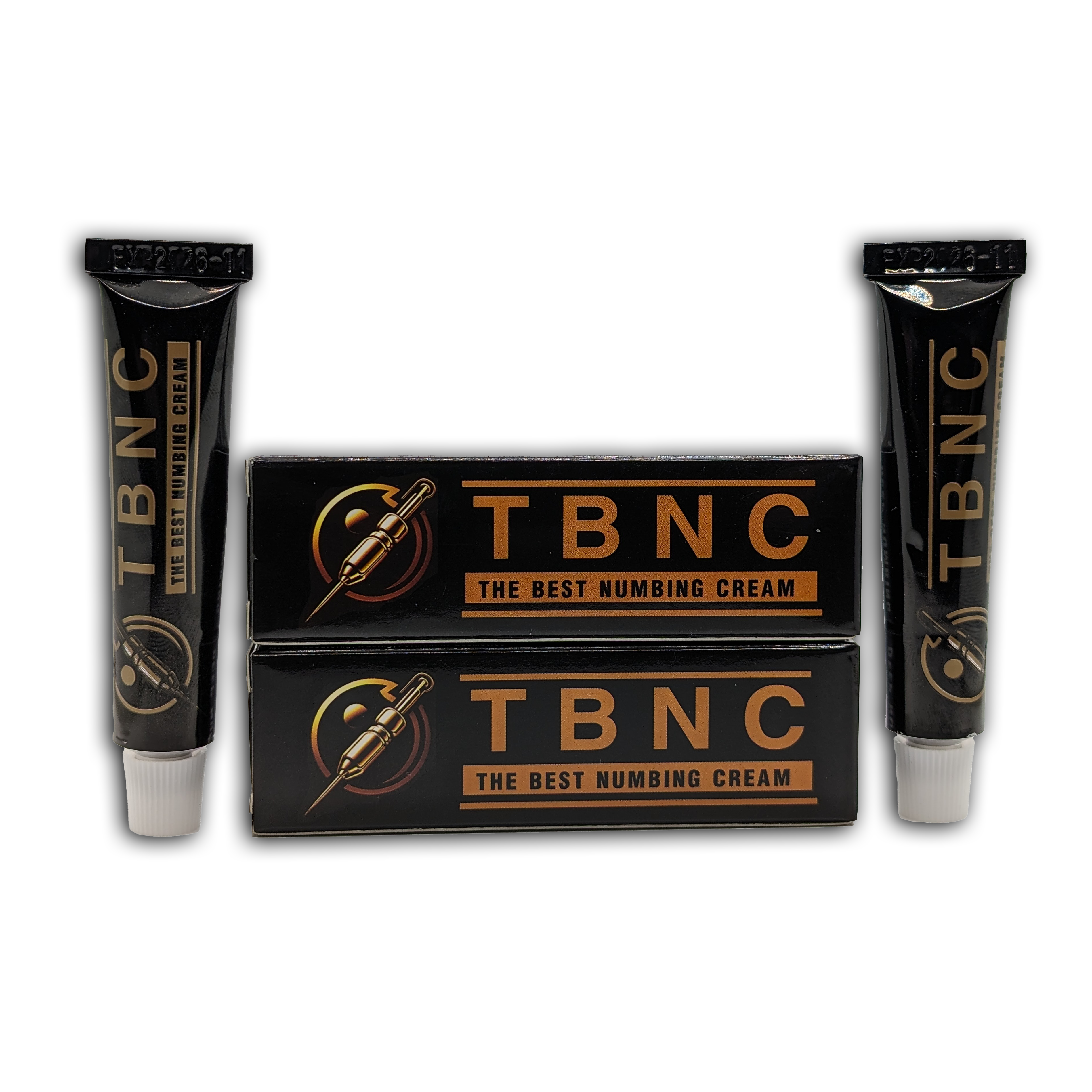 Two black tubes and two black boxes featuring the label "TBNC - The Best Numbing Cream" in gold and white text. The packaging includes a stylized graphic of a syringe and a circular design, perfect for ensuring painless tattoos. All items are set against a white background. This is the 2 Pack of "The Best Numbing Cream" by TBNC.