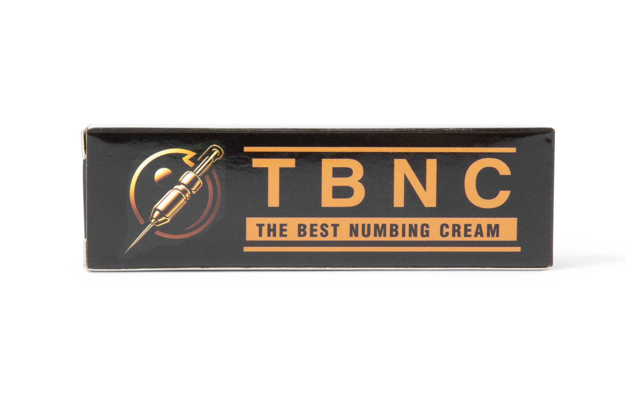 Black box of TBNC - The Best Numbing Cream, labeled "The Best Numbing Cream - TBNC - 4 Pack," with a logo depicting a tattoo machine needle enclosed in a circular design, promising pain-free tattoos.