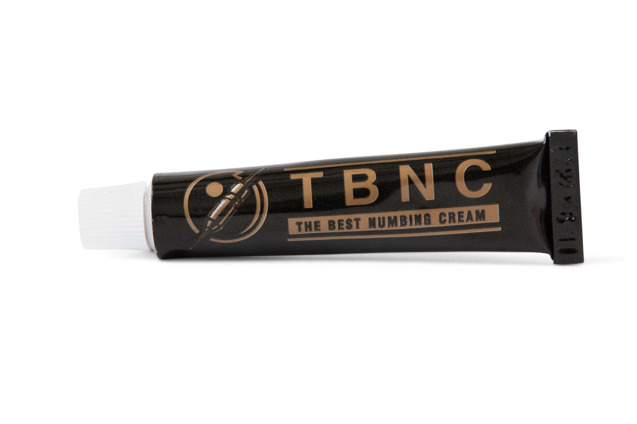 A black tube of TBNC - The Best Numbing Cream, prominently labeled "TBNC" in large tan letters with "The Best Numbing Cream" written underneath. It features a white cap and a tan icon of a needle and circle on the left side, ideal for making tattoos painless with its advanced numbing properties.