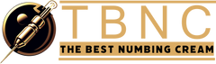 A gold and black logo featuring a stylized needle inside a circular design on the left. To the right, large gold letters read "TBNC" and below, in a gold rectangular box, it says "THE BEST NUMBING CREAM.