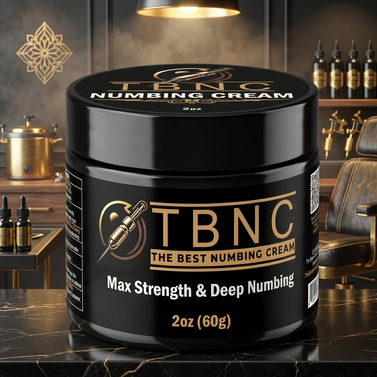 A best-selling TBNC Numbing Cream jar sits on a marble counter in a deluxe, vintage-inspired setting.