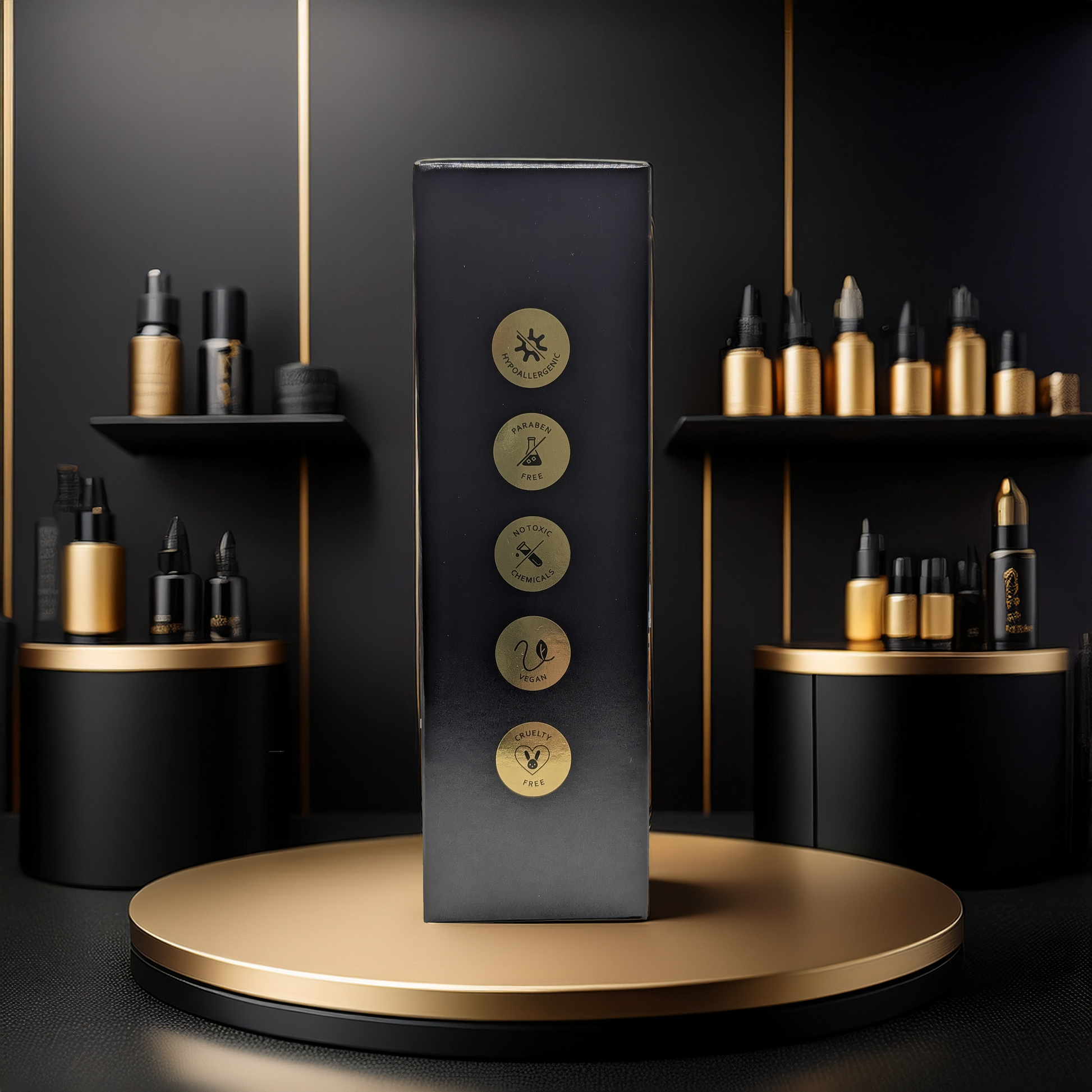 A black and gold TBNC - The Best Numbing Cream Tattoo Foaming Soap box is on a round display, showcasing cruelty-free, paraben-free, sulfate-free, and vegan icons. Shelves behind hold matching black and gold bottles of the soap.